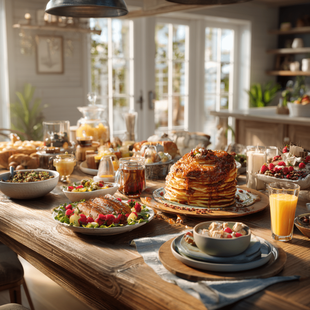 American homemade dishes including pancakes, roasted chicken, pies, and drinks