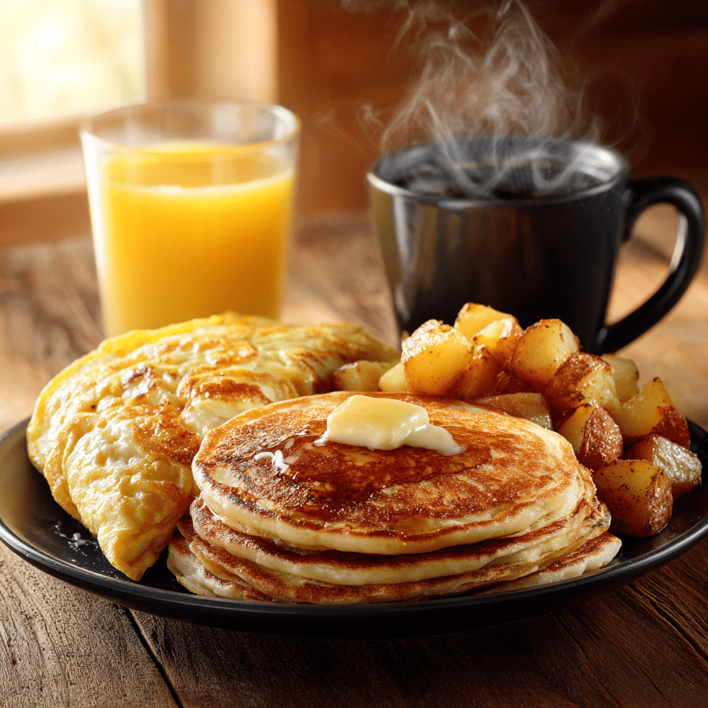 Perfect morning breakfast with pancakes, coffee, and juice