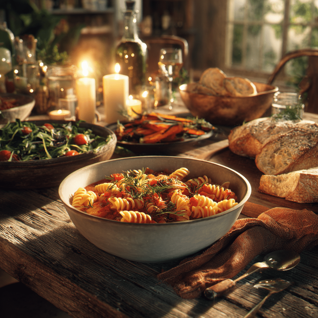 Classic American dinner with pasta, salad, and bread
