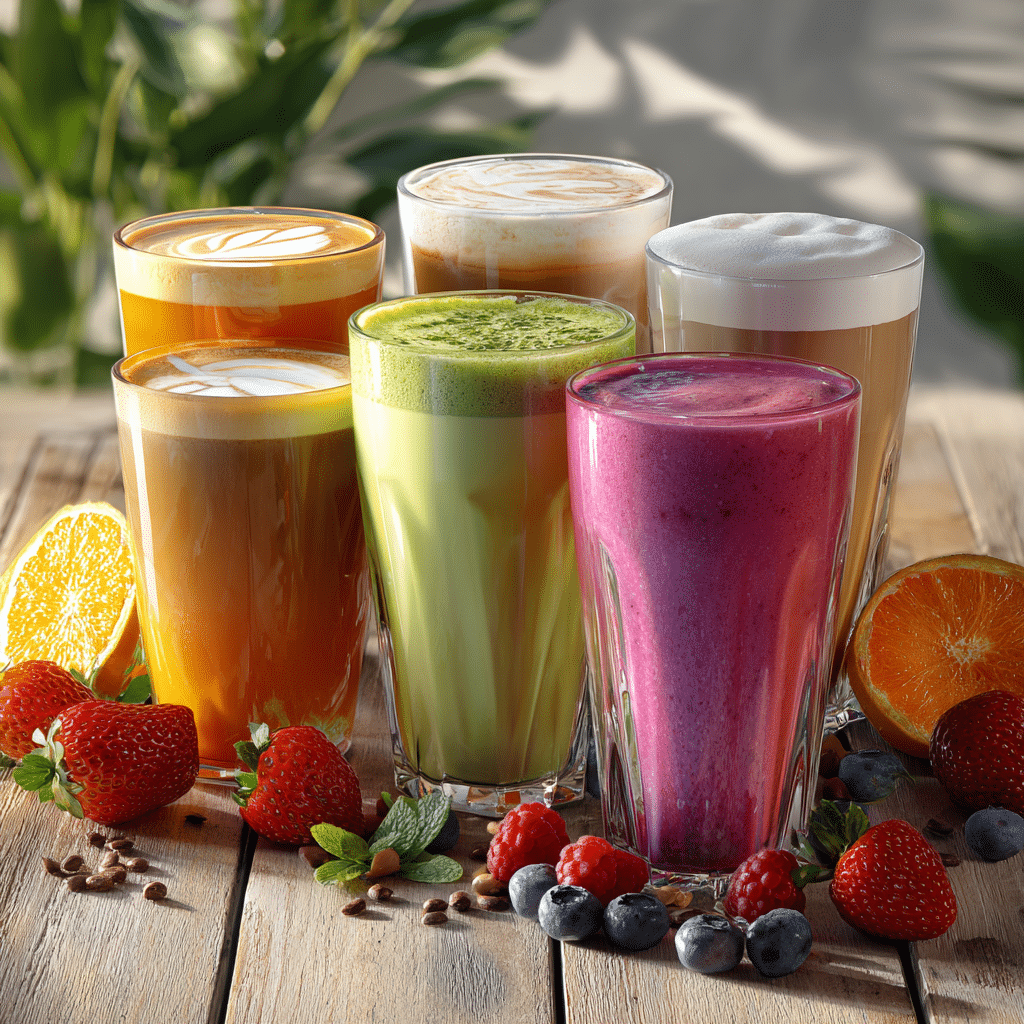 Homemade smoothies and coffee with fresh fruit