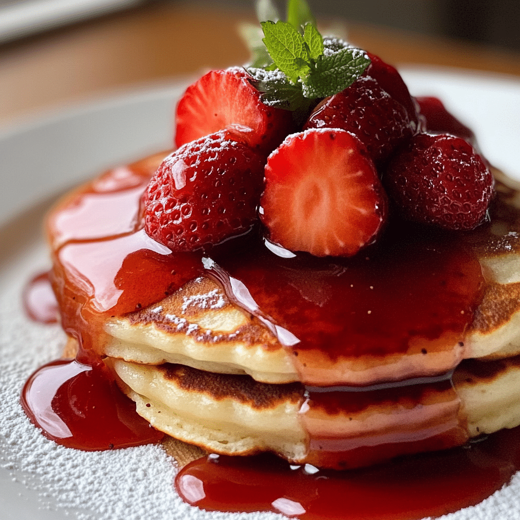 Fluffy Pancakes with Strawberry Maple Syrup