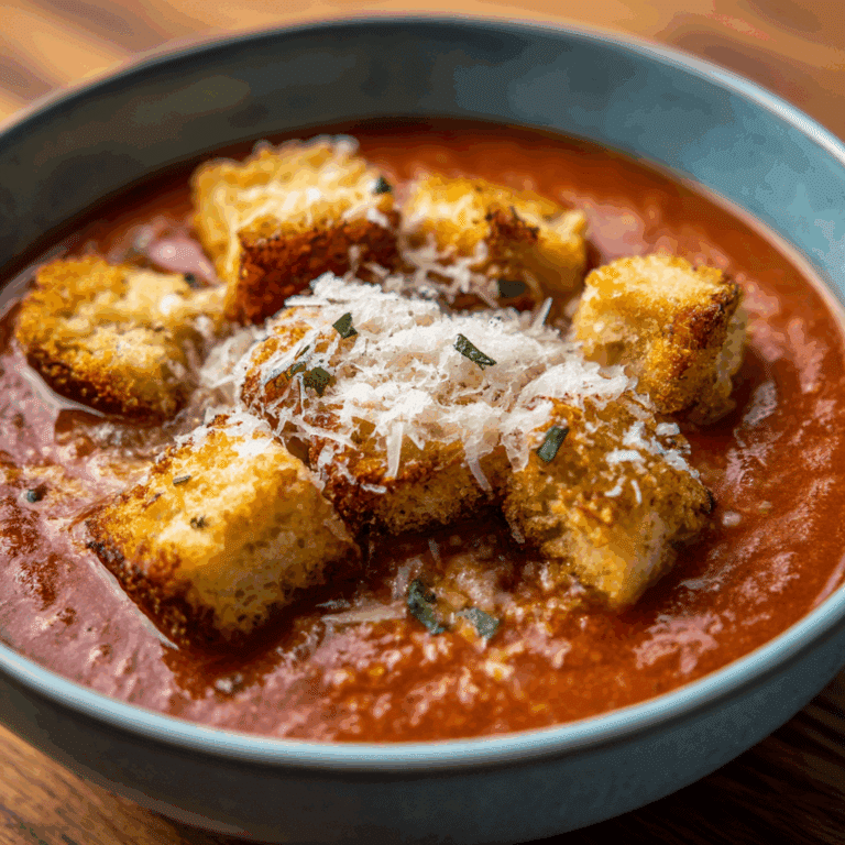 Chicken Parmesan Soup with Mozzarella Croutons