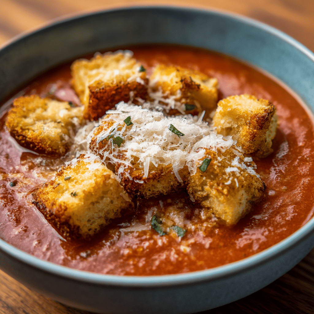 Chicken Parmesan Soup with Mozzarella Croutons