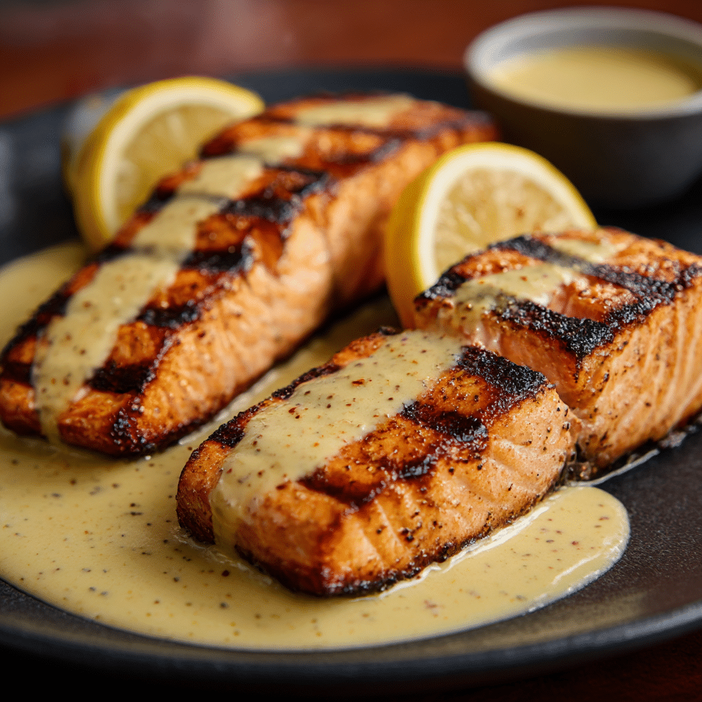 Grilled Salmon Steaks with Creamy Mustard Sauce