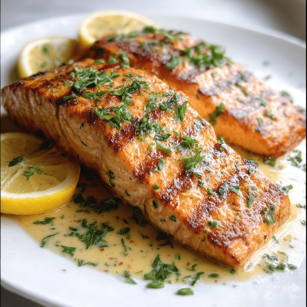 Grilled Salmon with Lemon Butter Sauce